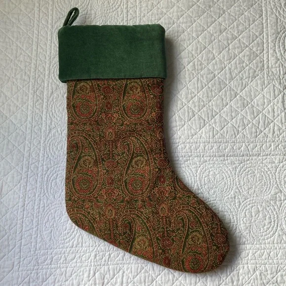 Pottery Barn Paisley Wool Jacquard And Velvet Stocking Green Red Gold - Picture 8 of 8